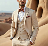 Riolio  Khaki 3 Piece Jacket+Vest+Pant For Men Suit Groomsmen Wedding Tuxedo Slim Fit Bespoke Office Event
