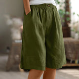 Riolio  Women's Fashion Solid Color Pants Pocket Button Up Capris Loose Elastic Waist Cotton Linen Shorts Pants for Women Women’s Pants