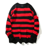 Riolio Autumn Winter Couple Stripe Sweaters Destroyed Ripped Sweater Men Pullover Hole Knitwear Women Oversized Fashion Harajuku Tops