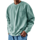 Riolio  Spring Autumn Round Neck T-Shirts Men Solid Long Sleeve Casual Tshirt Male Loose Pocket Fashion Tees Streetwear Sports Tops Man