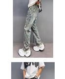 Riolio  Jacquard Jeans Men New American Style Old Washed Jeans Retro  Fashion Trend Pants Baggy Hip Hop Streetwear slim fit Denim pant