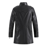 Riolio New Winter Long PU Leather Jackets Men Stand Collar Windbreaker Faux Outerwear Motorcycle Casual Warm Leather Coats Man Clothing