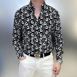 Riolio  New Spring and Summer Shirts for Men Fashionable Simple Slim Cardigan Black and White Floral Casual Thin Tops