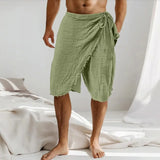 Riolio  Men's Bohemian Cotton Linen Shorts Side Tie Wrap Design Casual Summer Beachwear with Frayed Hem