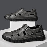 Riolio  Summer Men Genuine Leather Outdoors Sandals Casual Leather Hollow Soft Bottom Breathable Soft Sole Shoes Classic Fashion Sandals