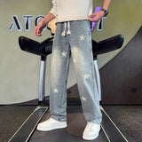 Riolio  Men Star Printed Distressed Jeans Loose Wide Leg Knife Cut Casual Straight Denim Pants for Spring Autumn