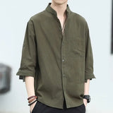 Riolio  Men's Vintage Casual Handsome Black White Cotton Linen Shirts Summer Trend Stand Collar Loose 3/4 Sleeve Tops Camisas De Hombre