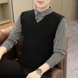 Riolio  New Men Long Sleeves Polo Shirt Autumn Fake Two Items Minimalist Flip Collar Striped Cootrast Color Casual Slim Daily Tops