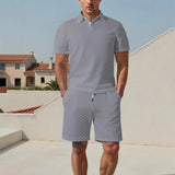 Riolio  Men's summer lapel jacquard thin short-sleeved men's casual sports polo shirt set