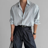 Riolio Men's Long Sleeve Casual Linen Striped Shirt Korean Style Lightweight Spring Summer Seasons Blue Color Thin Fabric No Ironing
