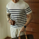Riolio  Summer Men's Clothing Light Luxury Knit O Neck Short-sleeved T Shirt Patchwork Korean Leisure Streetwear Retro Knitwear T-Shirt
