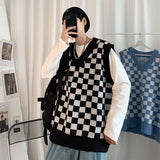 Riolio Men Knitted V Neck Japanese Vintage Loose Sleeveless Plaid Vests Chic Pullovers Chaleco Hombre Blue Checkerboard Sweater Vest
