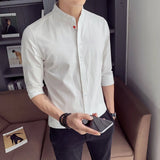 Riolio  New Men Shirt Summer Sky Blue Quarter Sleeve Cardigan Stand Collar Zhongshan Top