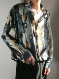 Riolio  Men Trendy Vintage Shirt Hong Kong Style Silk Satin Floral Loose Long Sleeve Rebellious Cool Smooth Drape Printed Oil Painting