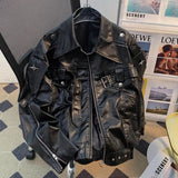 Riolio  Men Pu Jacket Motorcycle Biker Straps Metal Pu Jacket Streetwear Fashion Versatile Trendy Casual Long-Sleeve Tops Men'S Clothing