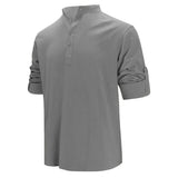 Riolio Men's Cotton Linen Long Sleeve Polo Shirt Lightweight Henley Neck Hawaiian Beach Style Solid Color Tops Vacation T-shirt