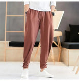Riolio  Retro Chinese Style Cotton and Linen Trousers for Men Loose Buckles Tying Feet Harun Casual Pants