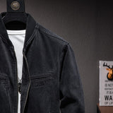 Riolio Autumn New Stand Collar Zipper Denim Jacket Men Casual British Slim Black Motorcycle Male Baseball Jacket Cowboy Coat