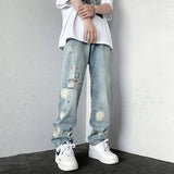 Riolio Men's Splashing ink Ripped Baggy Jeans New Hip Hop Fashion Graffiti Holed Straight-leg Denim Pants Y2k Streetwear Jean