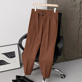 Riolio  Men Pleated Dress Pants with Belt Business Casual Non-Iron Straight Trousers Male Solid Color Ankle Length Office Work Pants