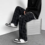 Mid-Rise Elastic Waistband Men Pants Pockets Straight Wide Leg Casual Trousers Plaid Print Drawstring Loose Corduroy Pants