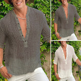 Riolio Vintage Solid Color Cotton Linen Men's Tops Spring Summer Casual Loose Half Sleeve Button V Neck Shirts Leisure Mens Shirt
