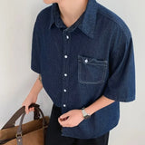 Riolio  Dark Blue Denim Shirt Men and Women Japanese Vintage City Boy Oversized Loose Casual Summer Lapel Buttons Shirt Top