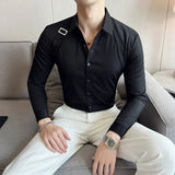 Riolio Strap Decorative Design Shirt Mens Clothing Korean Long Sleeved Slim Fit Casual Shirts Nightclub Prom Show Dress Shirt