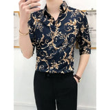 Riolio  Summer Floral Shirt Men's Short sleeved Slim Korean Style Trendy Mid sleeved Hairstylist Seven-quarter Sleeves