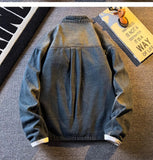 Riolio Spring Autumn Old Blue Loose Large Pocket Stand Collar Denim Jacket Men's Retro American High Street Zipper Jacket Top Urban