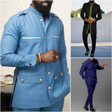 2024 New in African Men Suit Solid Color Button Jacket and Suit Pants 2 Piece Set Wedding Busine