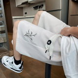 Riolio  Embroidered Casual Men Summer Ice Silk Thin Loose Straight Five-point Suit Pants