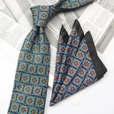 Riolio  2PCS Neck Tie Set Casual Floral Printed Neckties Oversized 9cm Luxury Striped Silky Neck Ties For Men Pocket Square Groom Hanky