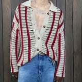 Riolio  Fashion Stitching Contrast Knitted Cardigan Men's Lapel Collar Niche Design Retro Sweater Unisex Coat Versatile Striped Knitwear