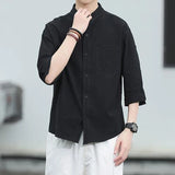 Riolio  Men's Vintage Casual Handsome Black White Cotton Linen Shirts Summer Trend Stand Collar Loose 3/4 Sleeve Tops Camisas De Hombre