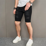 Riolio Street Men Holes Distressed Slim Beach Denim Shorts Summer Stylish Solid Male Casual Jean Five-point Pants