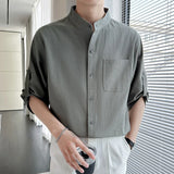 Riolio  Stand Collar Men's Shirt Cotton Linen Blend Half Sleeves Henley Neck Summer Casual Breathable Solid Color Loose Shirt Men