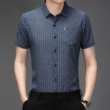 Riolio  Summer Men's Short Sleeve Silk Casual Wrinkle Free Striped Thin Shirt for Middle Aged