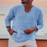 Riolio  Spring Summer Fashion Men Cotton Linen T-shirts Vintage Solid Casual Loose Oversized Tees Tops V-neck Long Sleeve T-Shirts Man
