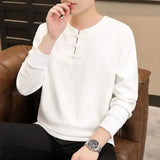 Riolio  Men's Spring and Autumn New Patchwork O-Neck Buckle Fashionable Solid Color Versatile Casual Long Sleeved Top