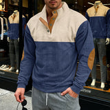 Riolio  Men's Corduroy Color Block Henley Shirt Casual Button-Up Stand Collar Pullover with Elbow Patches