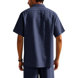 Riolio Summer New Solid Color Linen Men's Shirt Turn-down Collar Short Sleeve Men's Loose Casual Pocket Outdoor Vacation Shirt