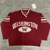 Riolio  Vintage Sweater Y2K Knitted Letter Patchwork Racing Sports Jumper Streetwear Hip Hop Casual Baggy V-Neck Long Sleeve Pullover