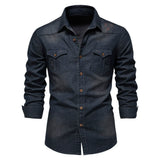 Riolio  Spring Autumn Vintage Solid Men Washed Denim Shirt Causal Full Sleeve Turn Down Collar Single Breasted Multi Pockets Shirts Man