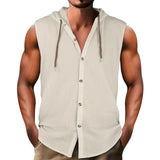 Riolio  Summer Men Casual 100% Cotton Shirts Turn-down Collar Male Solid Color Sleeveless Loose Drawstring Hoodie Shirts For Men's Tops
