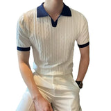 Riolio Men's Knit Short Sleeve Polo Shirt Casual Soft Supple High-end Feel Round Neck Loose-fit Top Japanese Style Solid Color