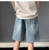 Riolio Men's New Retro Elastic Waist Pocket Fashionable Solid Color Five-point Star Ripped Denim Shorts