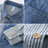 Riolio New Men's Denim Shirts Spring High Street Loose Long Sleeves Jean Tops Stripe Patchwork Designer Shirt Youth Fashion Overshirt