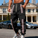 Riolio  Men's Striped Side Cargo Joggers Loose Fit Drawstring Fleece Sweatpants With Multi Pockets Casual Sports Trousers