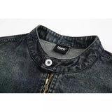 Riolio Retro Japanese Sle Distred Denim Jaet Men's Casual Loose Fit Outerwear Youth Trendy Wear Resistant Zipper Decoration